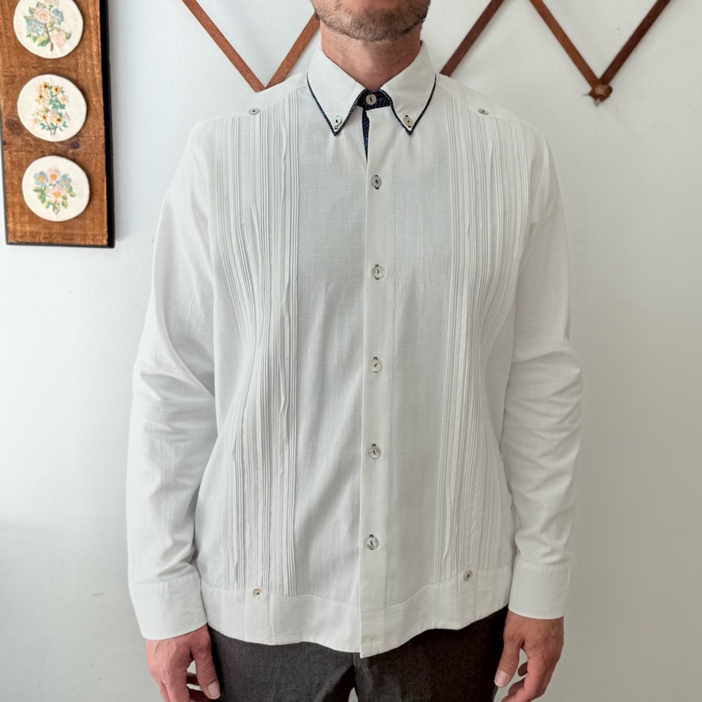 White Linen Tuxedo Style Button Up Shirt